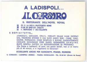 Materiale pubblicitario d’epoca 1980 ca LADISPOLI Hotel ROYAL Ristorante IL CORSARO Cartoncino pubblicitario 1
