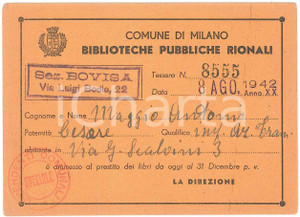 Oggetto da collezione cartaceo 1942 MILANO  BOVISA Tessera della biblioteca di Via Luigi Bodio  10x7 cm 1 1