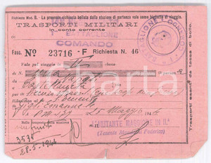 Documento originale, autentico 1944 WW2 TRASPORTI MILITARI 148Â°Rgt. 1Â° Battaglione Comando Biglietto viaggio 1