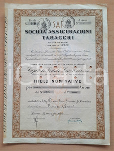 Oggetto da collezione cartaceo 1952 LECCE SocietÃ  Assicurazioni Tabacchi  Certificato azionario 1 1