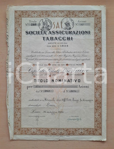 Oggetto da collezione cartaceo 1952 LECCE SocietÃ  Assicurazioni Tabacchi  Certificato azionario 3 1