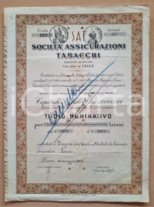 Oggetto da collezione cartaceo 1952 LECCE SocietÃ  Assicurazioni Tabacchi  Certificato azionario 4 1