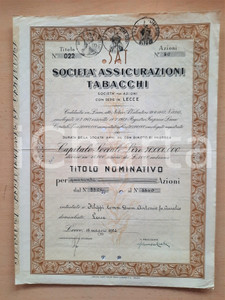 Oggetto da collezione cartaceo 1952 LECCE SocietÃ  Assicurazioni Tabacchi  Certificato azionario 6 1