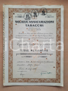 Oggetto da collezione cartaceo 1952 LECCE SocietÃ  Assicurazioni Tabacchi  Certificato azionario 8 1