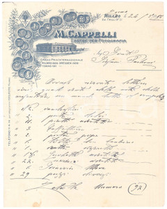 Documento originale, autentico 1915 MILANO Via Friuli 31  M. CAPPELLI Lastre per fotografia Conto manoscritto 1