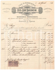 Documento originale, autentico 1893 MILANO Via Manzoni 16  Vedova di Giovanni BARONCINI Biancheria Fattura 1