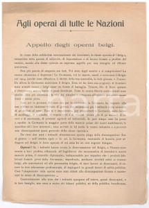 Materiale pubblicitario d’epoca 1916 WW1 Appello operai belgi agli operai di tutte le Nazioni PROPAGANDA 1