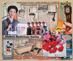 Stampa, bozzetto originale 1975 ca ITALIA  CULTURA POP  Collage CURIOSO da cataloghi 31x25 cm 1