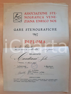 Documento originale, autentico 1947 VENEZIA Associazione Stenografica ENRICO NOE  Diploma Jole CANDIANI 1