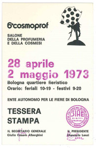 Oggetto da collezione cartaceo 1973 BOLOGNA  COSMOPROF Fiera profumeria e cosmesi  Tessera stampa 7x11 cm 1