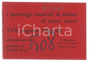 Oggetto da collezione cartaceo 1961 MILANO  TEATRO NUOVO Pomeriggi musical stagione XVII  Tessera 9x6 cm 1