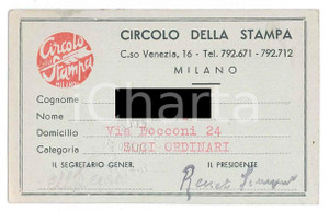 Oggetto da collezione cartaceo 1952 MILANO Circolo della stampa  Tessera socio ordinario 10x6 cm 1
