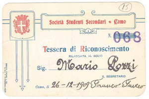 Oggetto da collezione cartaceo 1909 COMO SocietÃ  Studenti Secondari  Tessera di riconoscimento 11x7 cm 1
