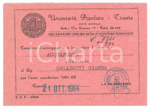 Oggetto da collezione cartaceo 1965 TRIESTE UniversitÃ  Popolare  Tessera per il corso di acquaforte 11x8 cm 1