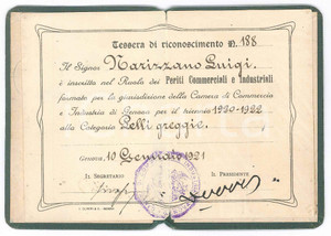Oggetto da collezione cartaceo 1921 GENOVA Camera di commercio  Tessera perito commerciale per pelli greggie 1