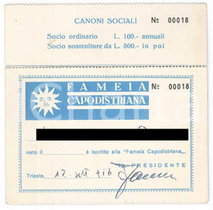 Oggetto da collezione cartaceo 1956 CAPODISTRIA Fameia capodistriana  Tessera 11x11 cm 1