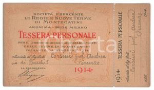 Oggetto da collezione cartaceo 1914 REGIE TERME DI MONTECATINI Tessera del Prof. Andrea CORSINI 12x7 cm 1