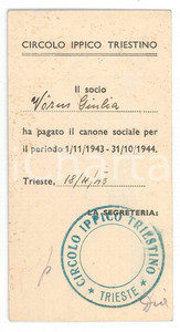Oggetto da collezione cartaceo 1943 TRIESTE Circolo ippico triestino  Tessera di iscrizione 5x9 cm 1