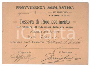 Oggetto da collezione cartaceo 1900 ca MILANO Provvidenza scolastica  Tessera ispettrice BASTIONI PORTA NUOVA 1