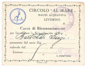 Oggetto da collezione cartaceo 1910 ca LIVORNO Bagni Acquaviva  Circolo al mare  Tessera 10x8 cm 1