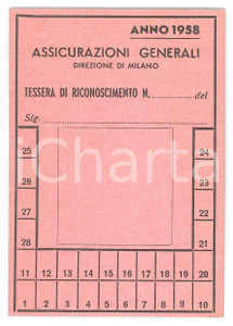 Oggetto da collezione cartaceo 1958 MILANO Assicurazioni Generali  Tessera di riconoscimento 7x10 cm 1