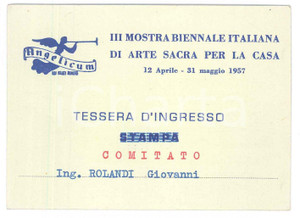 Oggetto da collezione cartaceo 1957 MILANO  ANGELICUM Biennale Arte Sacra  Tessera Ing. Giovanni ROLANDI 1
