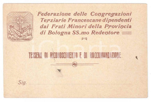 Oggetto da collezione cartaceo 1915 FERRARA  SANTO SPIRITO Congregazione terz ordine francescano  Tessera 1