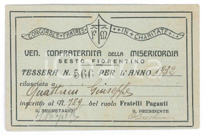 Oggetto da collezione cartaceo 1932 SESTO FIORENTINO Confraternita della misericordia  Tessera 11x7 cm 1