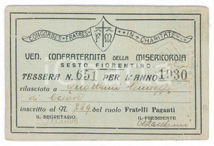 Oggetto da collezione cartaceo 1930 SESTO FIORENTINO Confraternita della misericordia  Tessera 11x7 cm 1