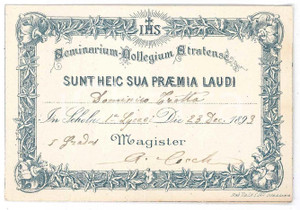 Oggetto da collezione cartaceo 1893 SEMINARIUM COLLEGIUM STRATENSE Tessera di Dominico TROTTA 10x7 cm 1