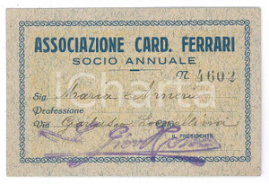Oggetto da collezione cartaceo 1925 MILANO Associazione Cardinal Ferrari  Tessera socio annuale 10x7 cm 1