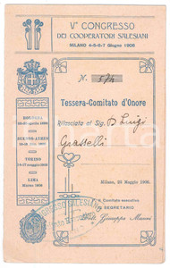 Oggetto da collezione cartaceo 1906 MILANO VÂ° Congresso cooperatori salesiani  Tessera di Luigi GRASSELLI 9x15 1