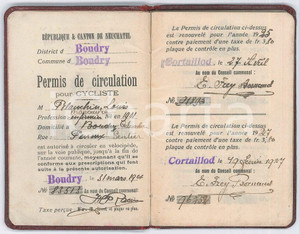 Oggetto da collezione cartaceo 1927 BOUDRY SUISSE Permis de circulation cycliste Louis BLANCHIN 57 p. 1