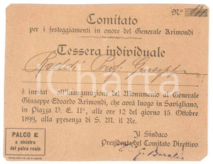 Oggetto da collezione cartaceo 1899 SAVIGLIANO Inaugurazione statua Generale Giuseppe Edoardo ARIMONDI Tessera 1
