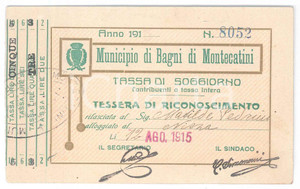 Oggetto da collezione cartaceo 1915 BAGNI DI MONTECATINI Tassa di soggiorno  Tessera di riconoscimento 14x8 cm 1