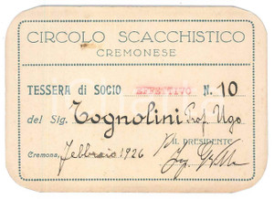 Oggetto da collezione cartaceo 1926 CREMONA Circolo scacchistico cremonese  Tessera 10x7 cm 1