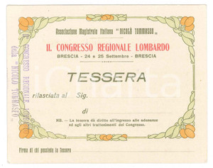 Oggetto da collezione cartaceo 1920 ca BRESCIA Ass. Magistrale NiccolÃ² Tommaseo II Congresso Lombardo  Tessera 1