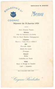 Oggetto da collezione cartaceo 1934 FRANCE Cognac BOULESTIN & C.  Menu dÃ©jeuner restaurant M. BONTET 1