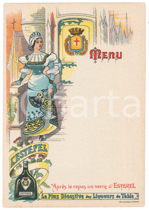 Oggetto da collezione cartaceo 1910 ca FRANCE Liqueur ESTEREL  Menu ILLUSTRE  historique  femme 1