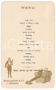 Oggetto da collezione cartaceo 1924 FRANCE Cognac BOULESTIN & C.  Menu illustrÃ© dÃ©jeuner 1