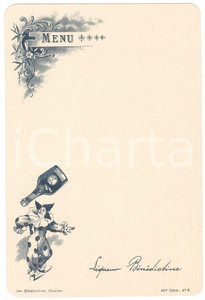 Oggetto da collezione cartaceo 1890 ca FRANCE Le clown boit de la LIQUEUR BÃ‰NÃ‰DICTINE Menu 10x16 cm 9 1