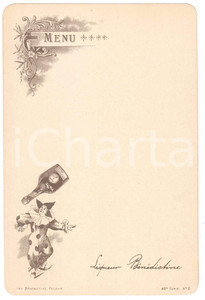 Oggetto da collezione cartaceo 1890 ca FRANCE Le clown boit de la LIQUEUR BÃ‰NÃ‰DICTINE Menu 10x16 cm 8 1