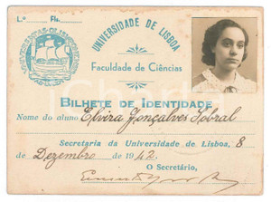 Oggetto da collezione cartaceo 1942 UNIVERSIDADE DE LISBOA Faculdade ciencias  Bilhete Elvira GONCALVES SOBRAL 1