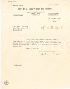 Autografo originale 1947 MILANO Ing. Oronzio DE NORA  Impianti elettrochimici AUTOGRAFO 1