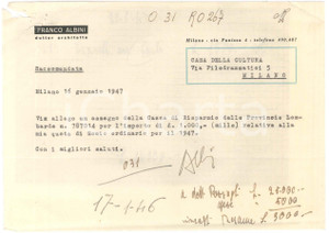 Autografo originale 1947 MILANO Architetto Franco ALBINI socio Casa della Cultura AUTOGRAFO 1