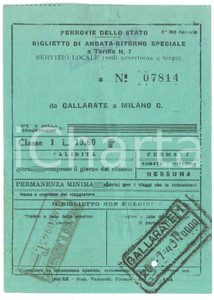 Oggetto da collezione cartaceo 1943 FERROVIE DELLO STATO Biglietto a/r speciale GALLARATEMILANO 1