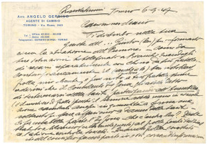 Manoscritto, lettera originale 1947 TORINO Avv. Angelo GERBINO agente di cambio  Lettera commerciale 1