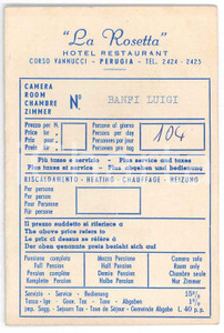 Materiale pubblicitario d’epoca 1950 ca PERUGIA Hotel Ristorante LA ROSETTA  Biglietto camera con mappa cittÃ  1
