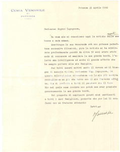 Autografo originale 1950 POTENZA Curia Vescovile  Condoglianze don Calliope ROSSINI Autografo 1