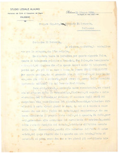 Manoscritto, lettera originale 1926 PALERMO Studio Legale ALAJMO  Lettera di condoglianze 1